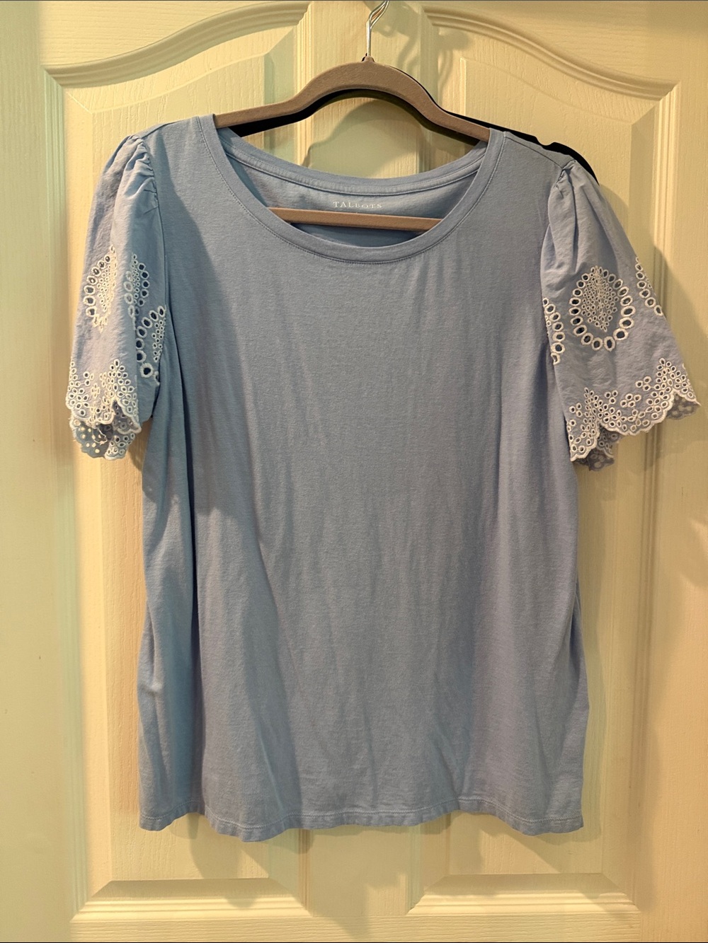 Talbots Light Blue Cotton Tee with Eyelet Puff Sleeves